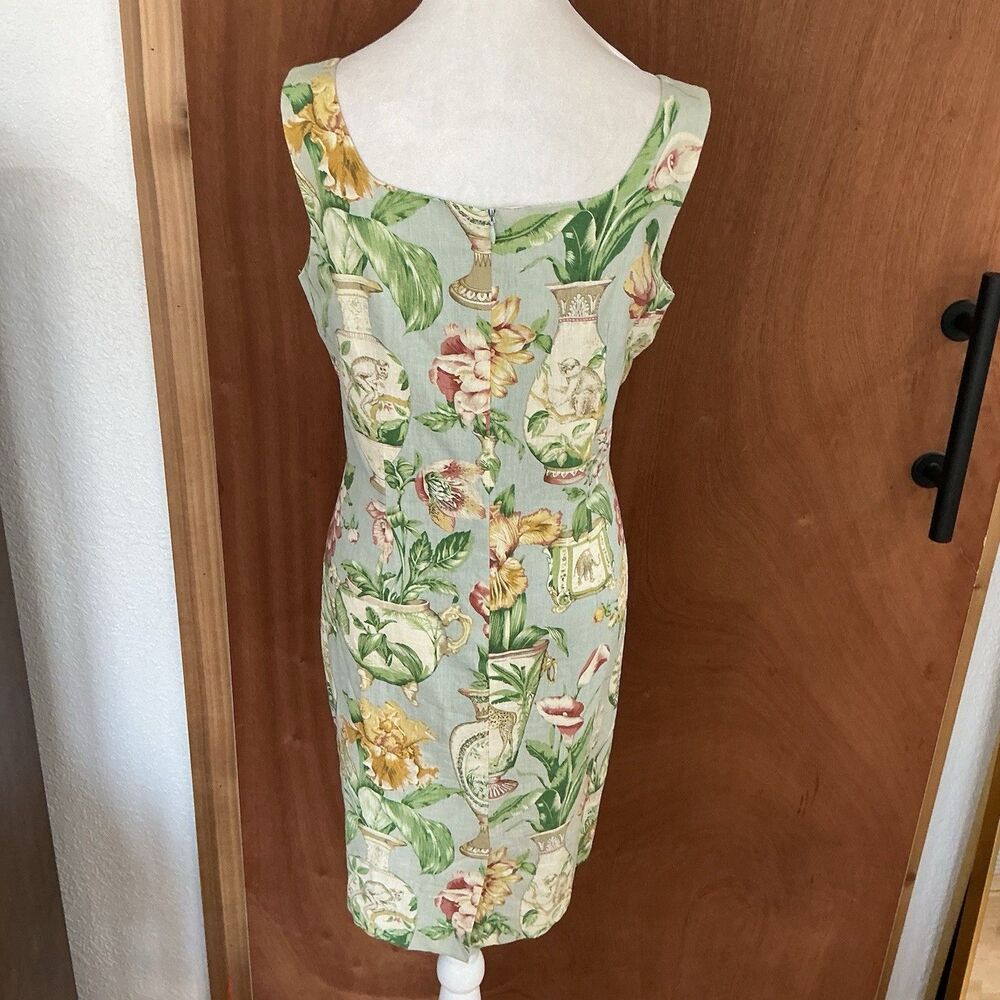 Virgo Chinoiserie Linen Sheath Dress Sz. 10P Beaded Grand Millennial 90’s Floral - Picture 5 of 16